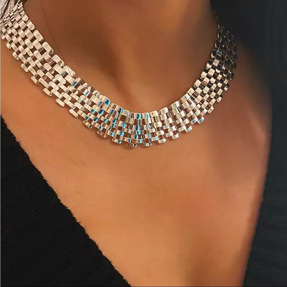 Exaggerated Silver Cuban Collar Necklace Wide Statement Choker Necklace
